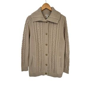 LL Bean Button Front Cable Knit Cardigan Sweater Women L Tan Cotton Shawl Collar
